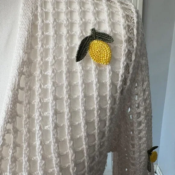 White Knit Cardigan With Yellow Lemon Embroidery & Tie Front Closure Womens XL - Picture 9 of 14
